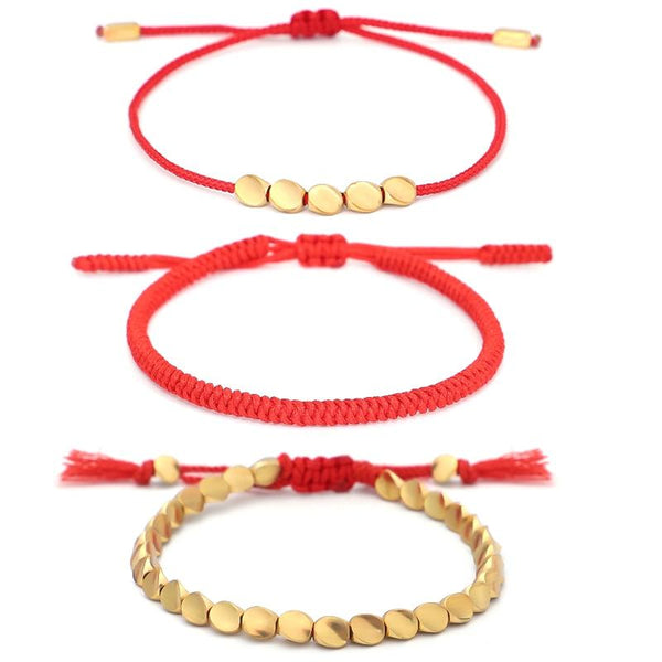 Tibetan Handmade Lucky Knot 'BE SUCCESSFUL' Copper & Red Rope 3 /pc Bracelet Set