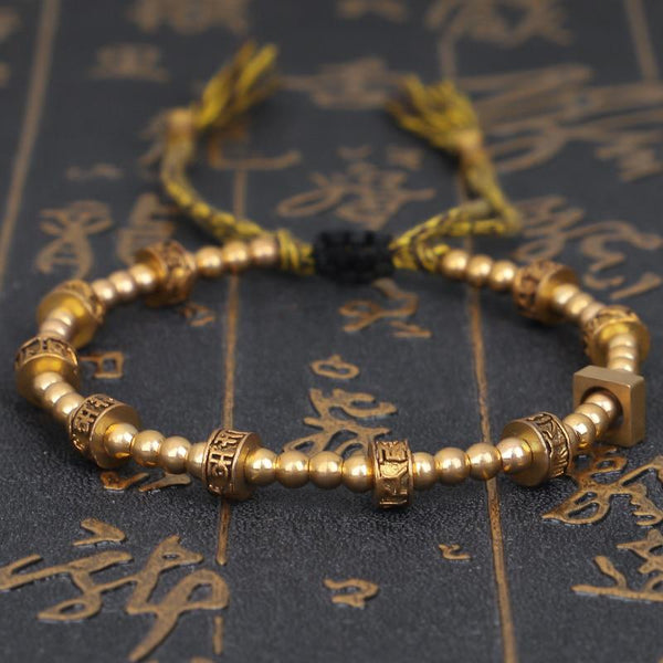 Tibetan Buddhist  Brass Bead & Carved Om Mani Padme Hum  bracelet