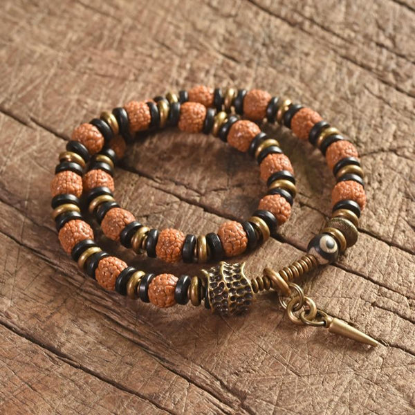 Ethnic Tibetan Copper Bead Accents, Ebony Wood & Rudraksha Seed SELF ASSURANCE Bracelet