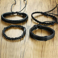 4Pc Braided  Black Leather & Wood Nautical Bracelet Set-9 Designs