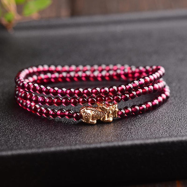 Natural Garnet Stone LUCKY Pixiu Wrap Bracelet