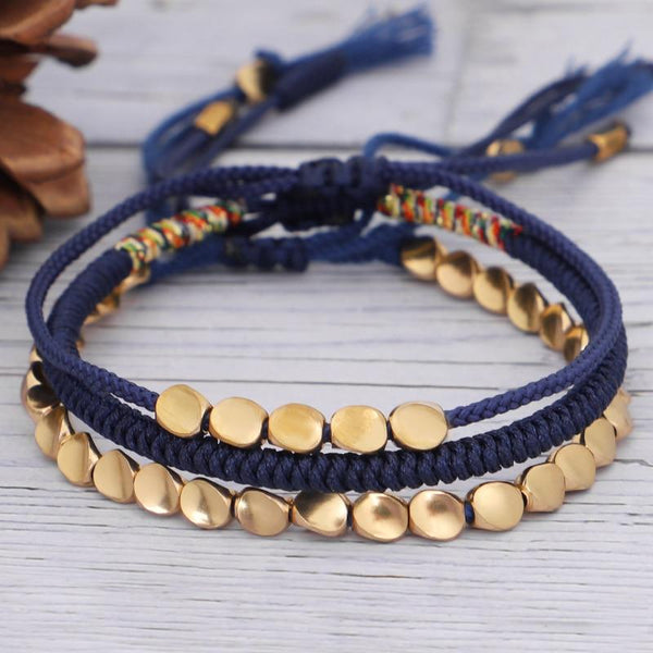 Tibetan Handmade Lucky Knot 'BE THANKFUL' Copper & Blue Rope 3 /pc Bracelet Set