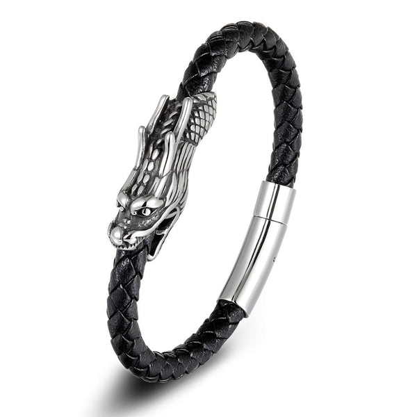 Men' s Stainless Steel Dragon Head & Braided Black Leather POWER Bracelet