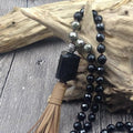 Black Tourmaline Pendant & Bead &  Leather Tassel PROTECTION Necklace