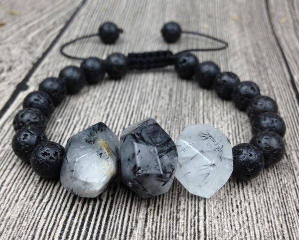 Chunky Black Tourmalinated Quartz & Lava Stone NO MORE BAD VIBES Bracelet