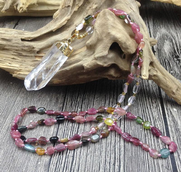 Raw Quartz Pendant & Tourmaline Nugget Bead VIBRANCY Necklace