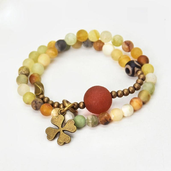 Yellow Jade & Tibetan Dzi Bead  Lucky 4 Leaf Clover OPTIMISM Bracelet