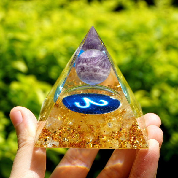 #118 - Handmade Amethyst & Citrine 'STRENGTHEN SELF-ESTEEM' ARIES Zodiac ORGOINTE Pyramid