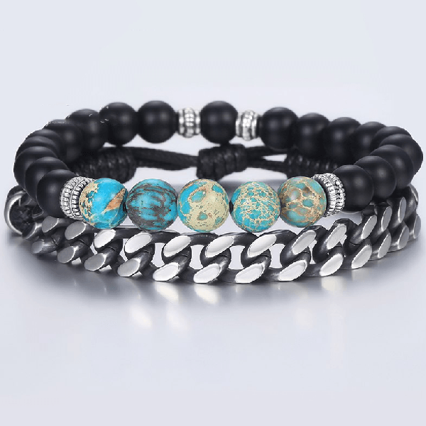 Jasper ,Howlite & Onyx Stone +Steel LInk 2pc TRANQUILITY Bracelet Set