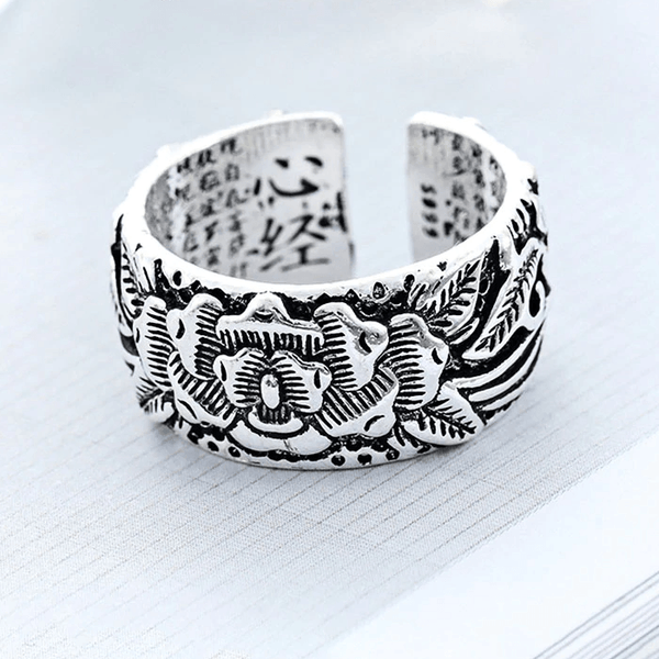 THAI SILVER Tibetan Heart Sutra 'WISDOM' Ring