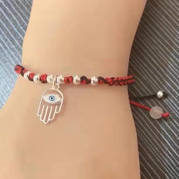 Sterling Silver Hamsa Hand 'Nazar Eye' Red & Black Rope Bracelet