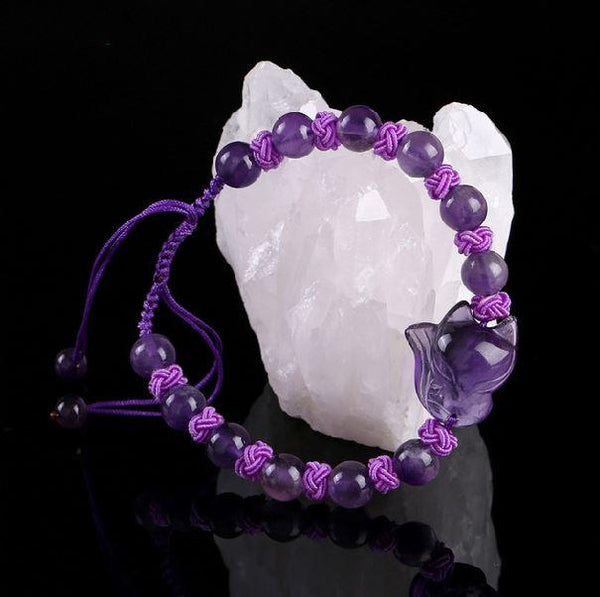 Hey FOXY LADIES!... Natural Amethyst, Strawberry Quartz & Rose Quartz Carved Fox Bracelet