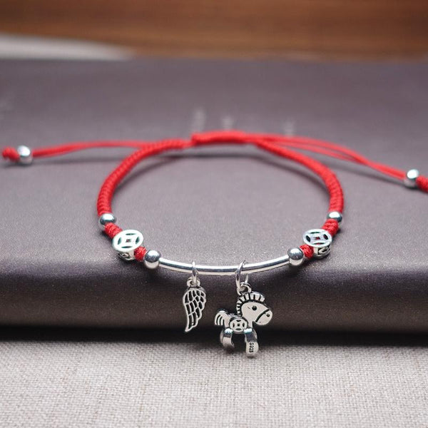 Sterling Silver  WIND HORSE  Red Rope Bracelet