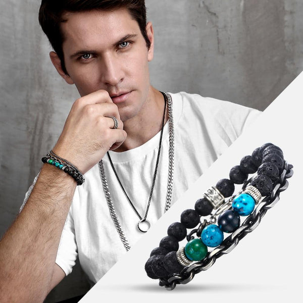 2 Pc Chrysocolla, Lava Stone & Chain Diffuser Set Men's WELLNESS Bracelets