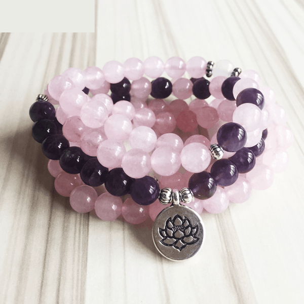 108 Bead Rose Quartz & Amethyst LOVE STONES Mala Charm Bracelet