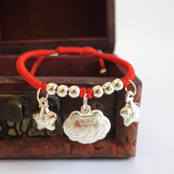 Pure Silver LONG-LIFE Lock Charm Red Rope BABY Bracelet