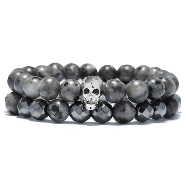 Skull 'n Stone- Mens Hematite & Agate Stone STRENGTH Bracelet Set