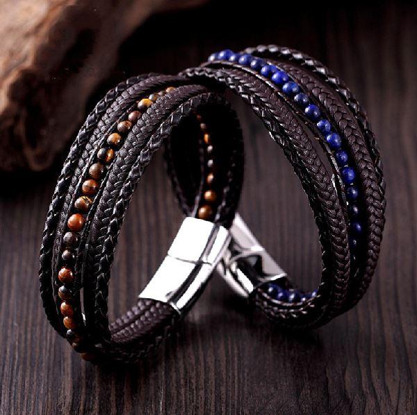 Men's Genuine Leather & Stone 6 Stranded ENERGY  Bracelet