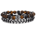 2 pc set -Tiger Eye & Lava Bead + Stainless Steel Cuban Chain Men's POWER  Bracelets