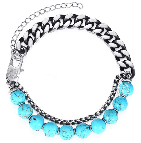 Mens Turquoise & Cuban Link Stainless Steel 3 in 1 HEALING Bracelet