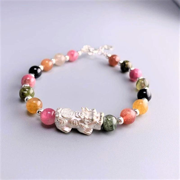 Rainbow Tourmaline  &  Pure Silver Feng Shui LUCKY PIXIU INSPIRATION Bracelet