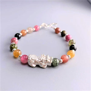 Rainbow Tourmaline  &  Pure Silver Feng Shui LUCKY PIXIU INSPIRATION Bracelet