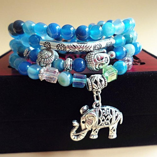 Multi-layered Blue Tourmaline Stone Buddha & Elephant bracelet