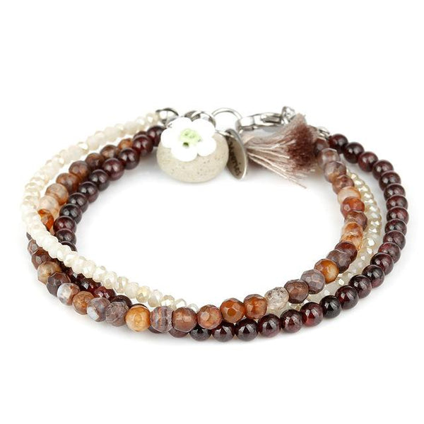 Genuine Garnet, Quartz & Agate HEALTH & HAPPINESS -3 Strand Stone Blend Bracelet