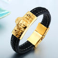 Mens Leather & Steel Buddha Bracelet- Gold & Silver finishes