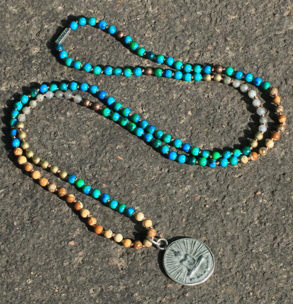 Ancient Style Thai BUDDHA AMULET ,Chrysocolla & Jasper ' HARMONY ' Necklace