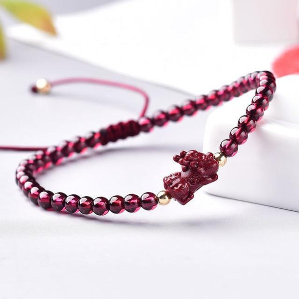 Hand Carved Purple Cinnabar Accents & Garnet Stone PIXIU'PROSPERITY Attracting Bracelet