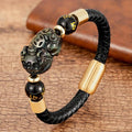 Steel , Leather & Tiger Eye Stone Feng Shui PIXIU For GOOD FORTUNE Bracelet