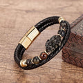 Stainless Steel , Braided Leather & Tiger Eye Stone Feng Shui PIXIU for WEALTH Bracelet