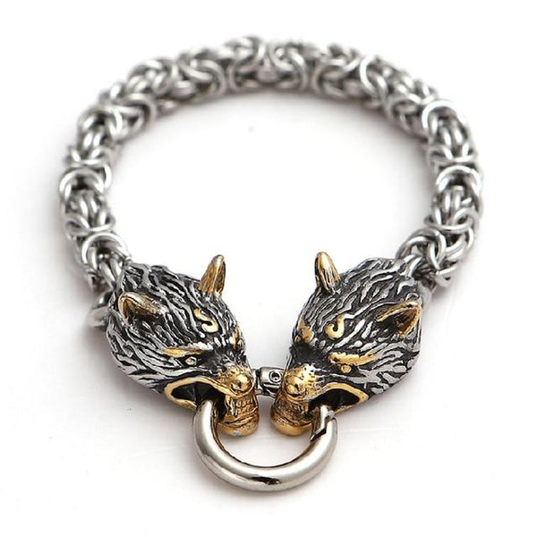 Stainless Steel Nordic DOUBLE WOLF Head ANIMAL SPIRIT King Chain Bracelet