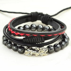 2 pc Multi-Layer Feng Shui  WEALTH PIXIU, Leather & Hematite Men's Bracelet Set