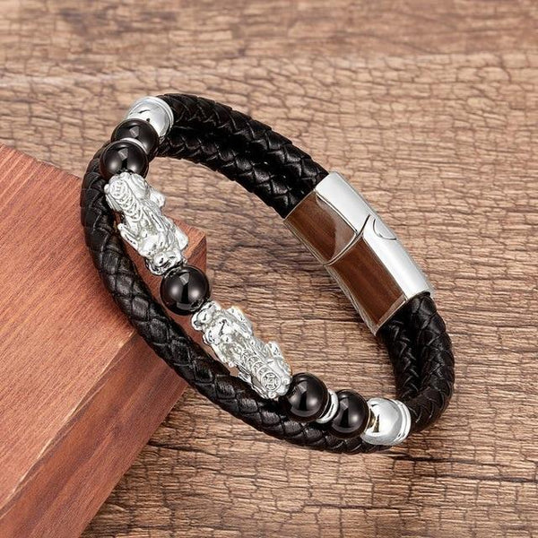 Stainless Steel , Leather & Natural Stone Feng Shui PIXIU for ABUNDANCE Bracelet-10 Variants