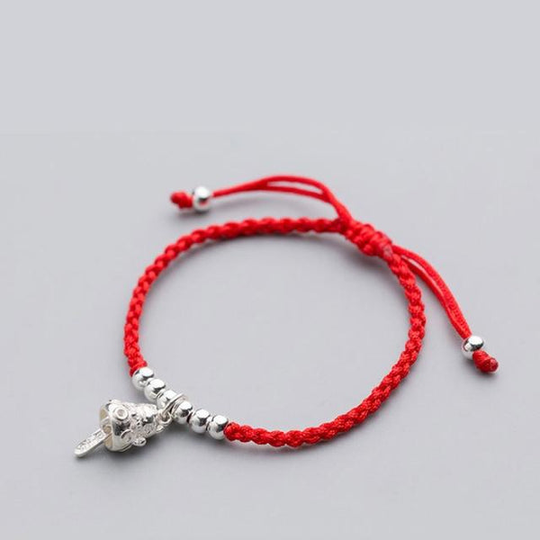 925 Silver & Lucky Red Rope Maneki Neko 'Beckoning Cat' Feng Shui Bracelet