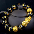 FENG SHUI Gold PIXIU & 6 Syllable Mantra Obsidian Bead Abundance Bracelet