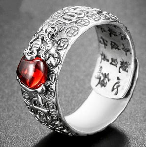 Natural  Garnet & 925 Sterling Silver LUCKY PIXIU OM Mantra Ring