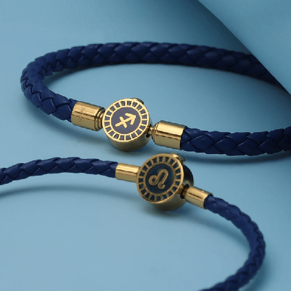 Stainless Steel Zodiac Star Sign & Genuine Leather Bracelet